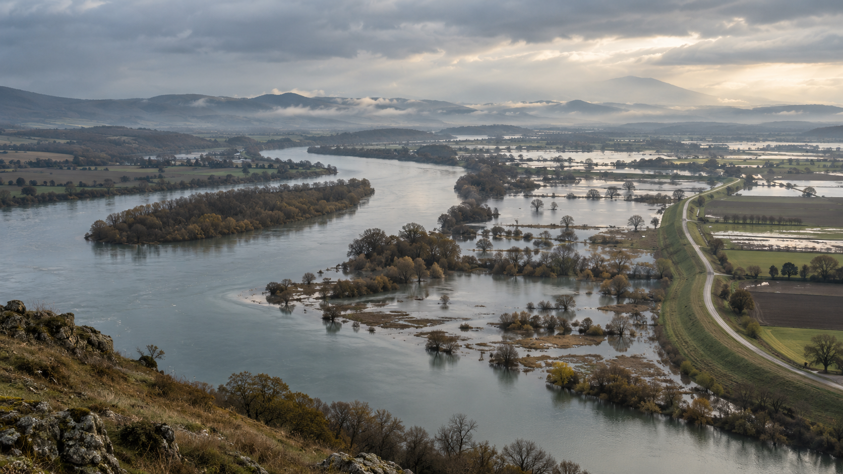 A river moving across its floodplain